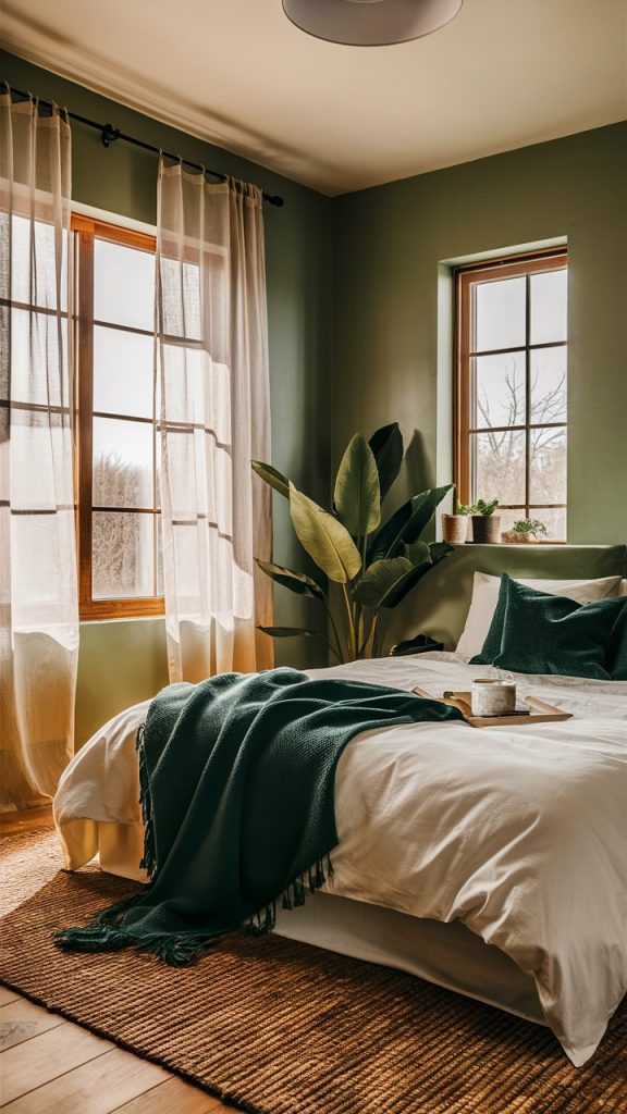 a bed with green pillows and a tray of coffee on it