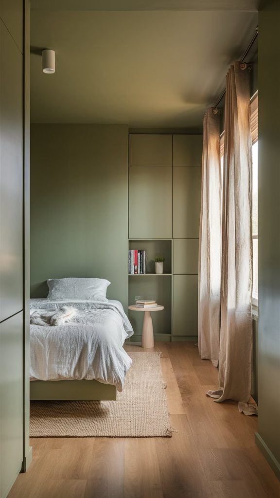 a bedroom with green walls and a bed