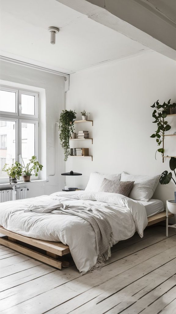 a bed with a white blanket and pillows in a white room