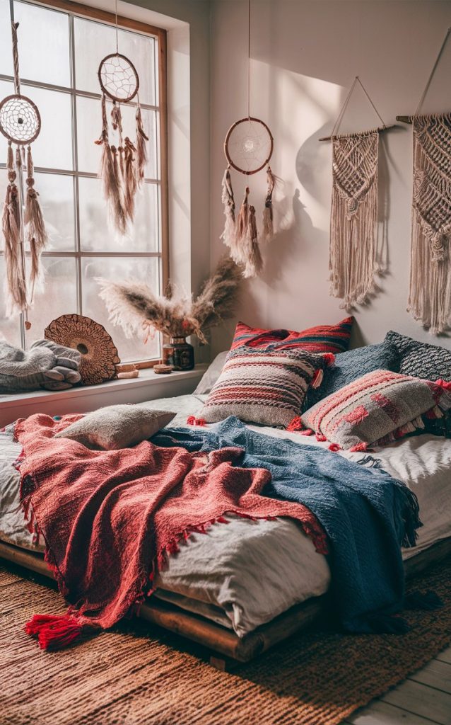 a cozy boho bedroom colorful throws and pillows 2 Trendsvila