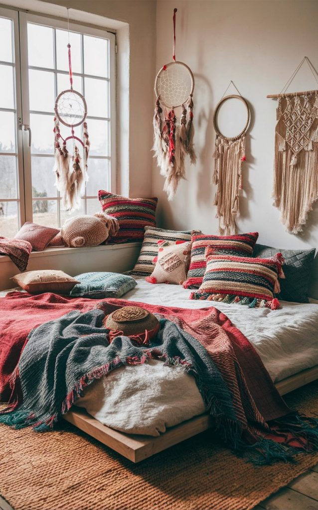 a cozy boho bedroom colorful throws and pillows Trendsvila