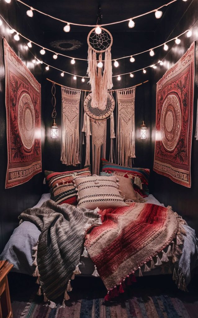 a cozy intimate boho bedroom bed piled Trendsvila