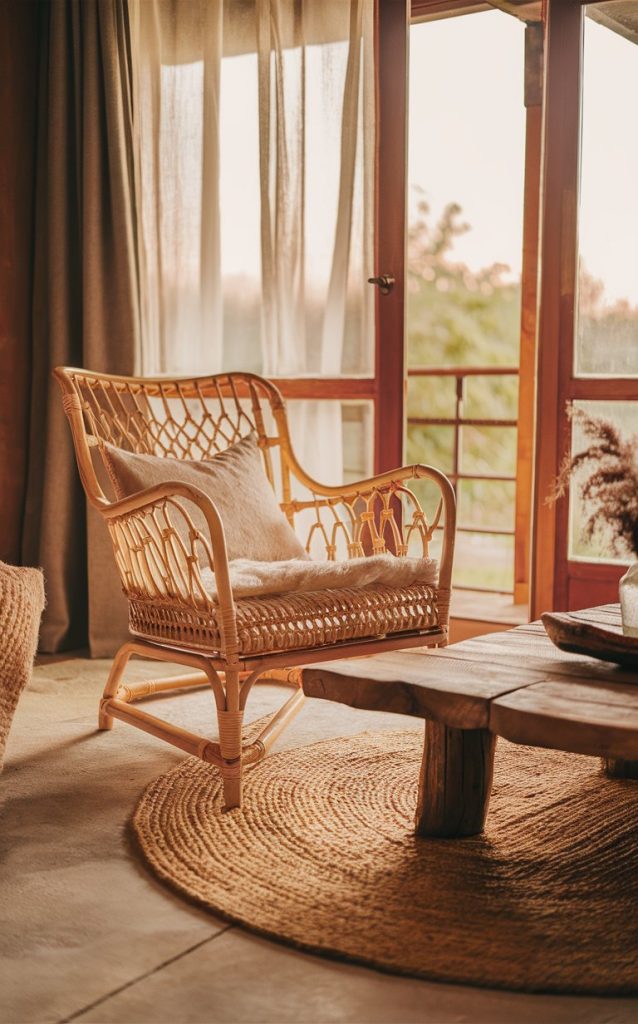 A cozy living room, featuring a rattan armchair with intricate weaving, placed near a large window with natural light streaming in. The room includes a woven jute rug under a low wooden coffee table made from reclaimed wood. Earthy tones dominate the setting, with the warm sunlight enhancing the natural textures.