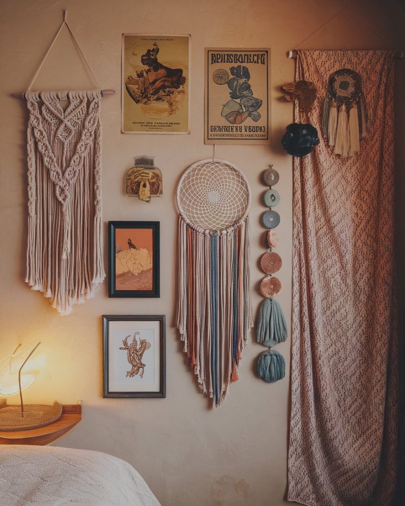 a wall with a dream catcher and pictures