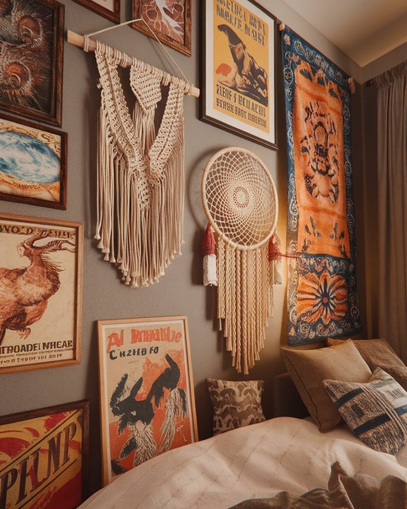 Boho bedroom wall with eclectic art display macrame hanging vintage posters dreamcatcher tapestry mismatched frames warm ambient lighting realistic 1 Trendsvila