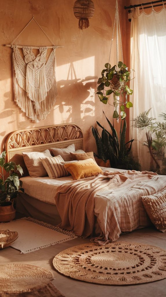 a bed with pillows and a plant in a room