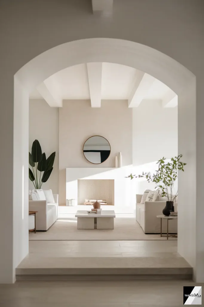 A minimalist fireplace area with sleek lines, neutral colors, and a statement round mirror above the mantel, captured in soft daylight.