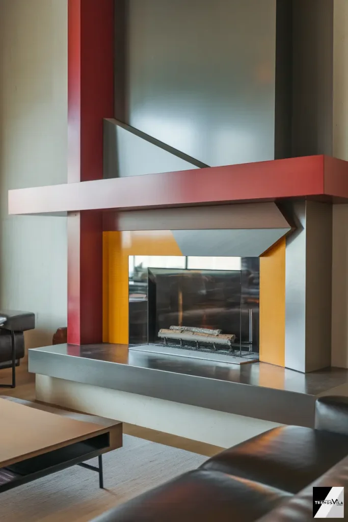 A modern fireplace with geometric shapes, a floating mantel, and bold contrasting colors, creating a futuristic vibe.