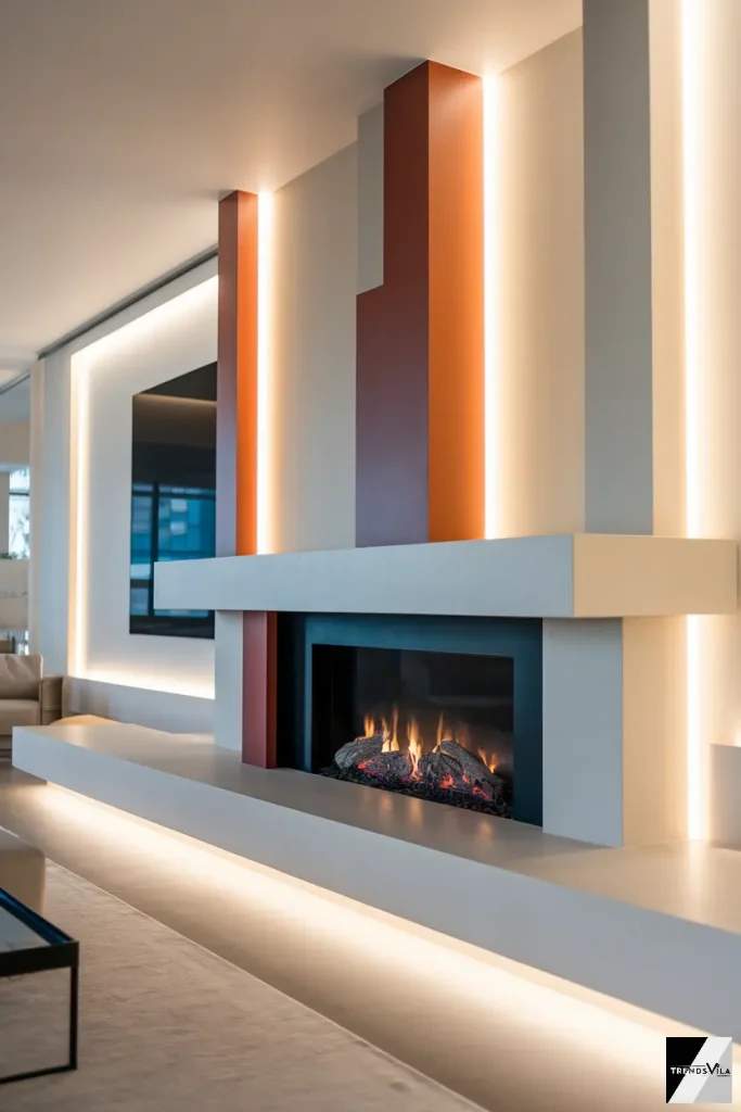 A modern fireplace with geometric shapes, a floating mantel, and bold contrasting colors, creating a futuristic vibe.