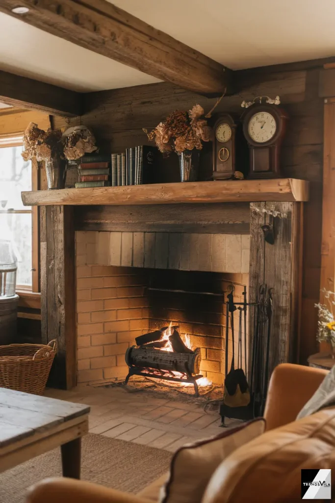 A rustic fireplace with a reclaimed wood mantel, adorned with vintage books and antique clocks. Natural accents like pinecones and dried flowers add charm, illuminated by soft firelight.