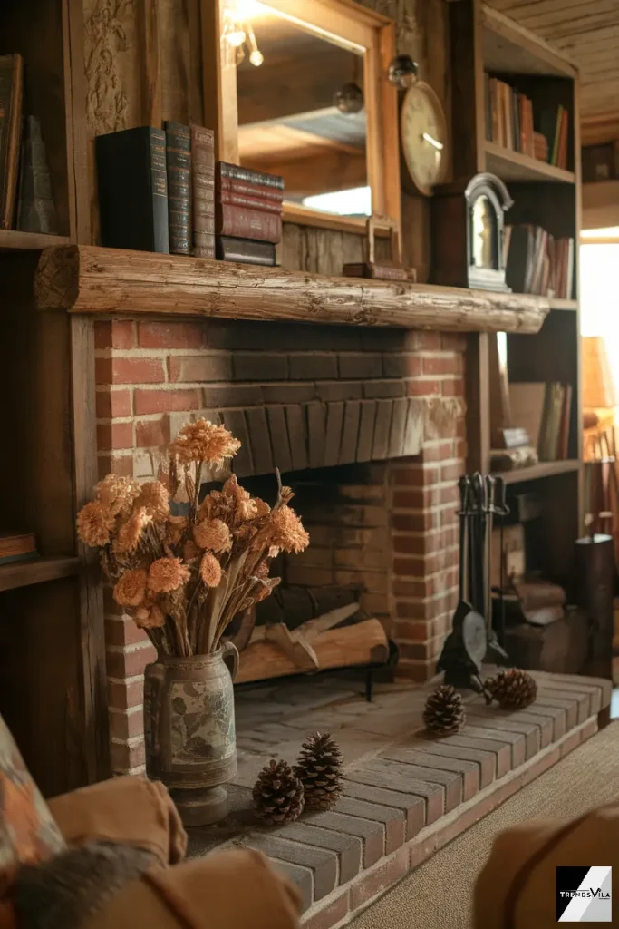 A rustic fireplace with a reclaimed wood mantel, adorned with vintage books and antique clocks. Natural accents like pinecones and dried flowers add charm, illuminated by soft firelight.