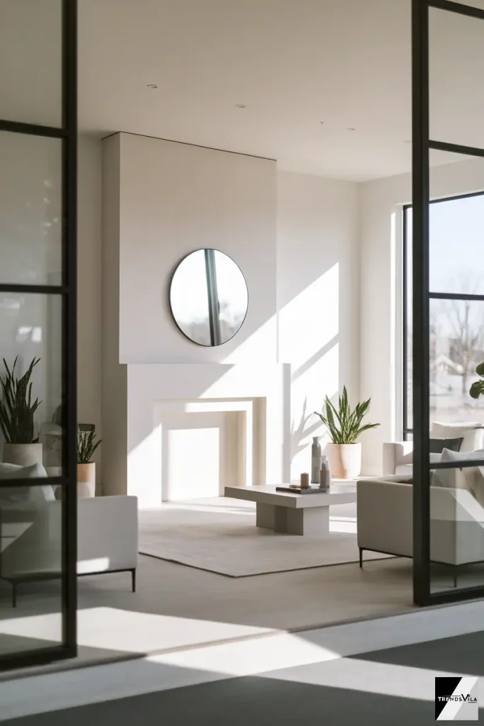 A minimalist fireplace area with sleek lines, neutral colors, and a statement round mirror above the mantel, captured in soft daylight.