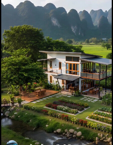 Ein Warmes und Stilvolles Zuhause Gestalten 1 Moderne Architektur eines Hauses inmitten üppiger Natur mit Bäumen, einem Garten und Bergen im Hintergrund. Das Gebäude hat große Fenster und eine gemütliche Terrasse.
